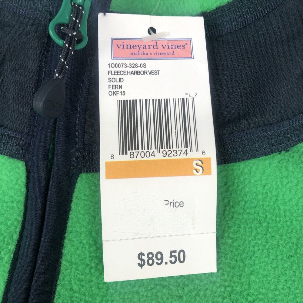 New Vineyard Vines Harbor Fleece Vest Logo Fern Green Small Full Zip NWT - Picture 4 of 11